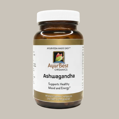 AyurBest Organics Ashwagandha supplement bottle on a white background