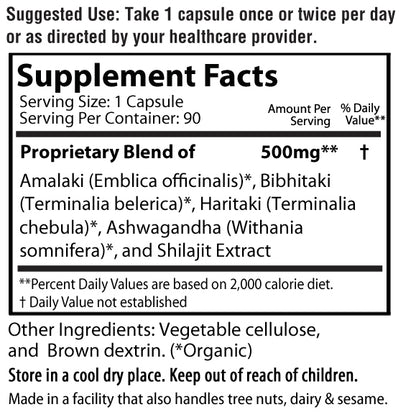Supplement label of Shilajit Pro 500mg with Amalaki Bibhitaki Haritaki Ashwagandha and shilajit extract