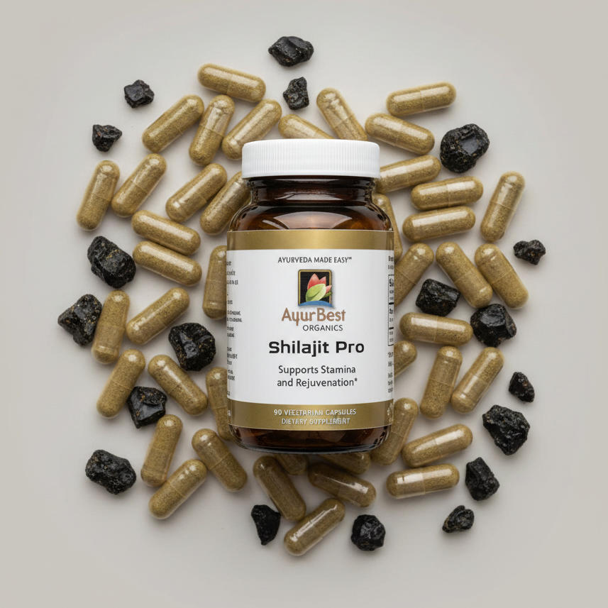 AyurBest Organics Shilajit Pro supplement bottle on a beige background