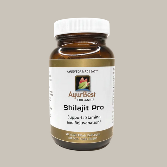 AyurBest Organics Shilajit Pro supplement bottle on a beige background