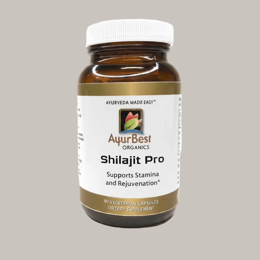 AyurBest Organics Shilajit Pro supplement bottle on a gray background