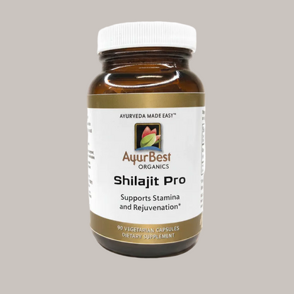 AyurBest Organics Shilajit Pro supplement bottle on a gray background