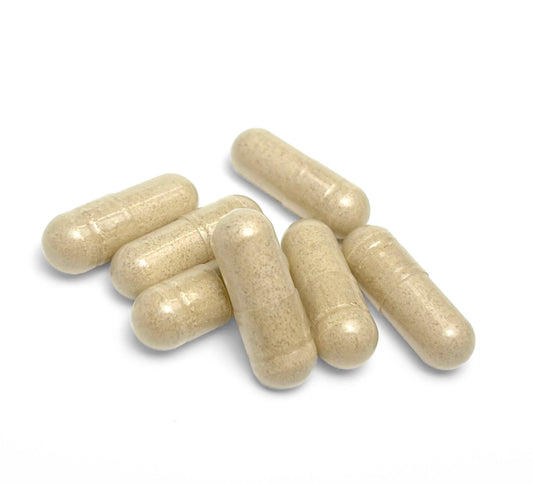 White background with 7 MPower Capsules showing powder filled clear capsules.