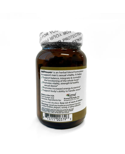 Side Image of Amber glass bottle of MPower Capsules that note benefits that help to support male vitality.
