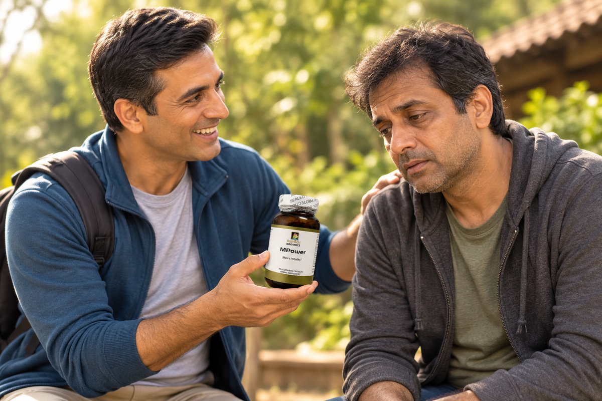Younger male trying to help his father who looks worn down by giving him a bottle of MPower capsules to help support his male vitality.