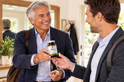 older male giving bottle of MPower capsuls to younger male to help support his male vitality.