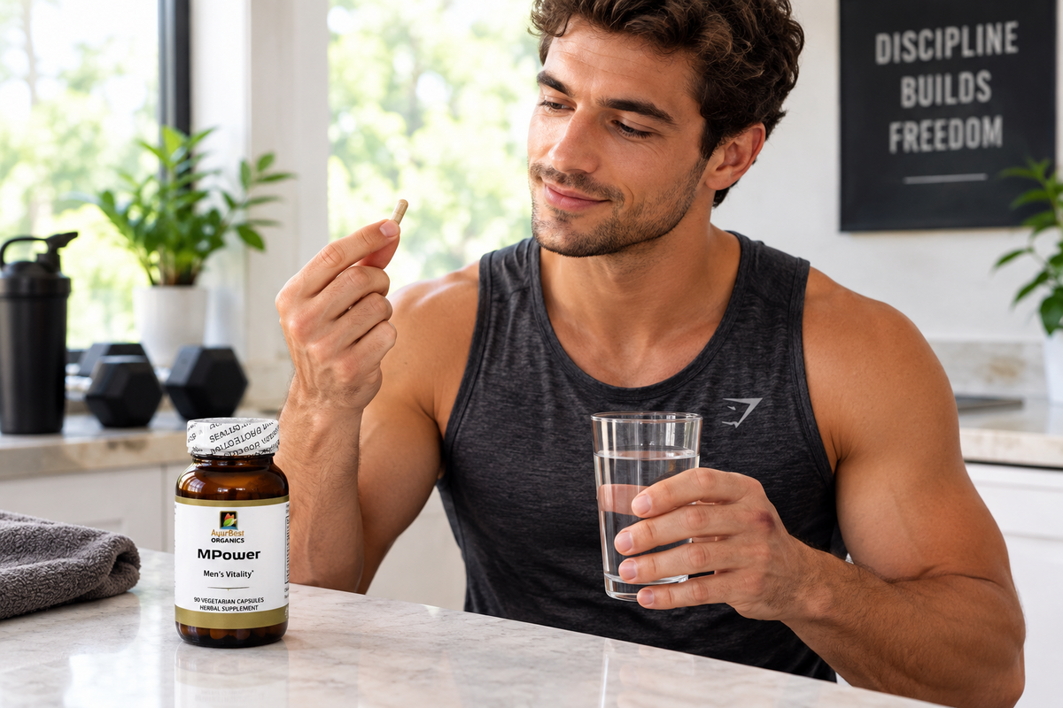 Fit young male taking herbal supplement Mpower with glass of water before working out.