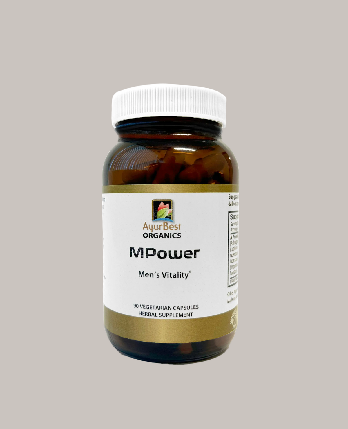On a light gray background, Front Image of Amber glass bottle of MPower Capsules that note help to support male vitality.