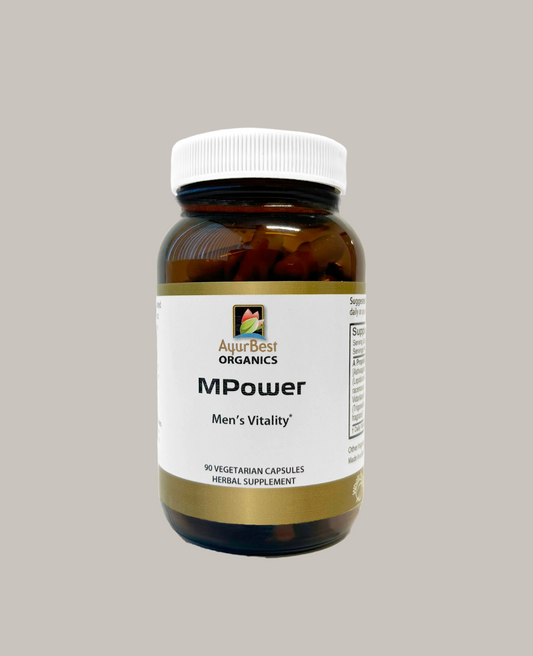 On a light gray background, Front Image of Amber glass bottle of MPower Capsules that note help to support male vitality.