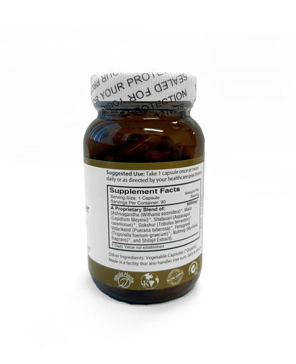 Nutrition panel side of Amber glass bottle of MPower Capsules that note 500mg proprietary blend of organic and natural ingredients in clear vegetable based capsules that support male vitality.