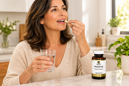 Woman taking Pause EZ with glass of water.