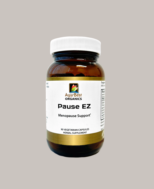 Image of Pause EZ capsules in glass bottle on gray background. Pause easy notes good for menopause support for 90 count bottle
