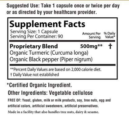 Each capsule of Turmeric Plus contains 500 mg blend of Organic Turmeric and Blcak pepper