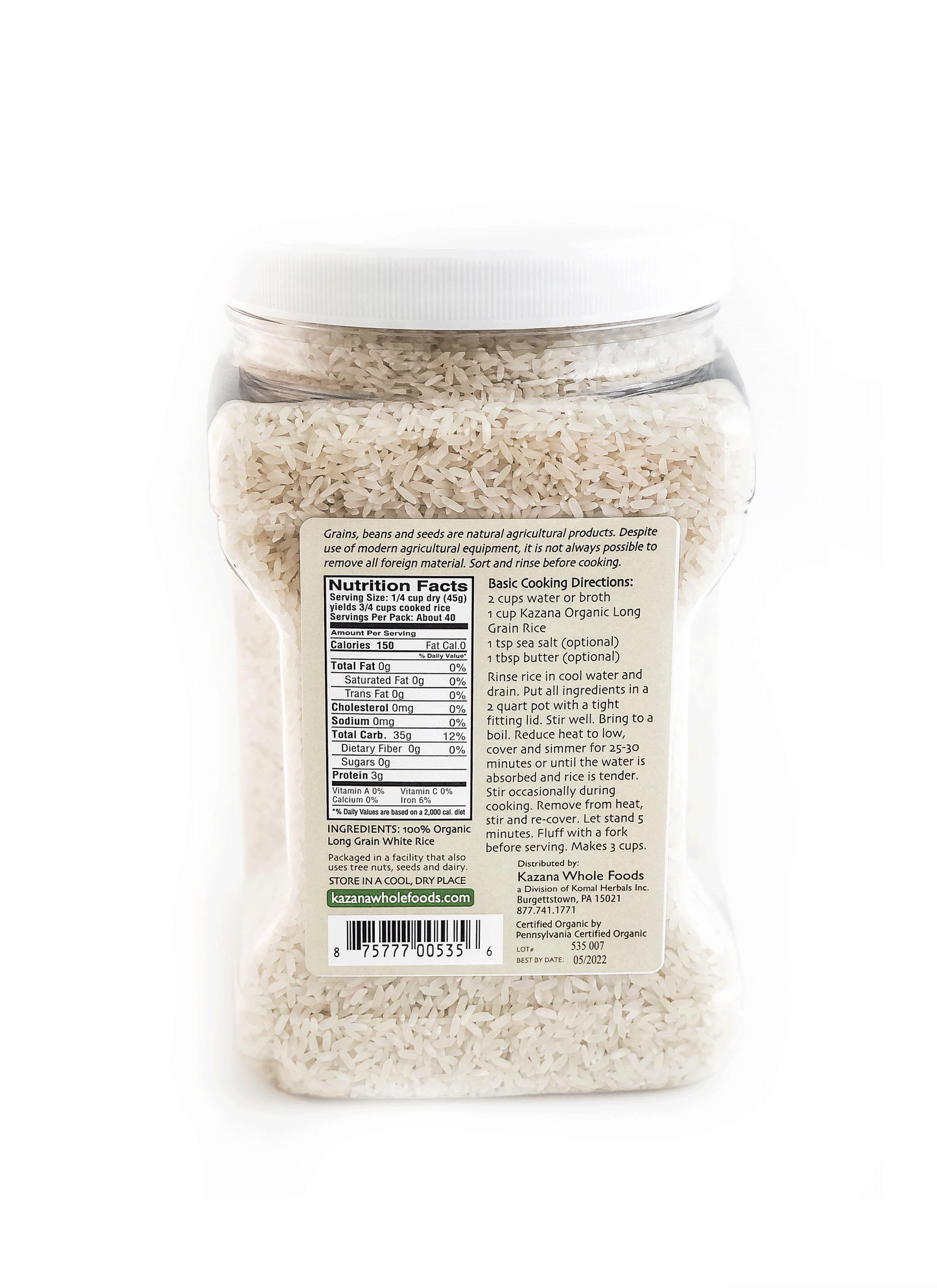 Organic White Rice 4lb Bulk Jar Back