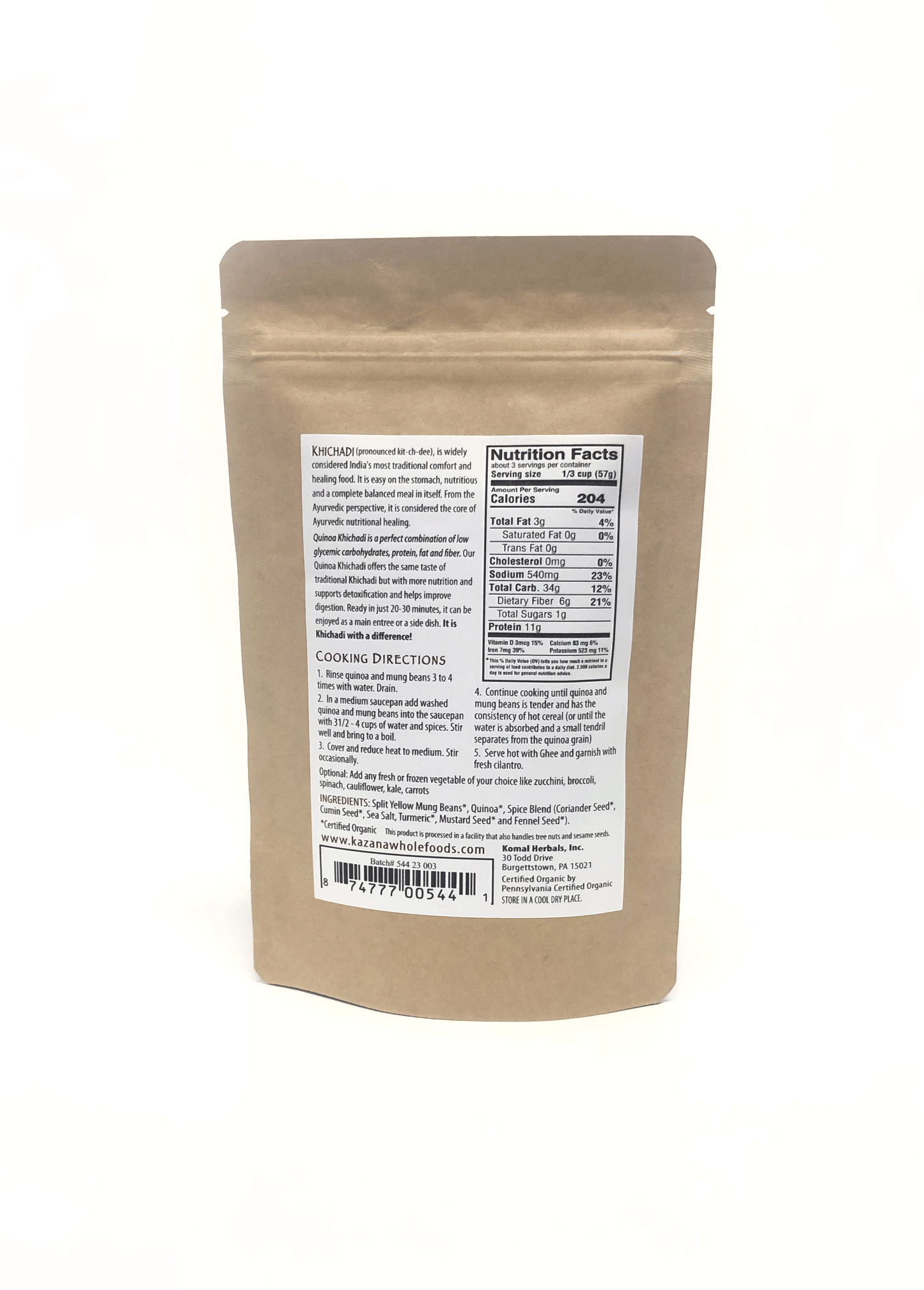 Organic Quiona Khichadi 6oz Bag Nutrition Facts