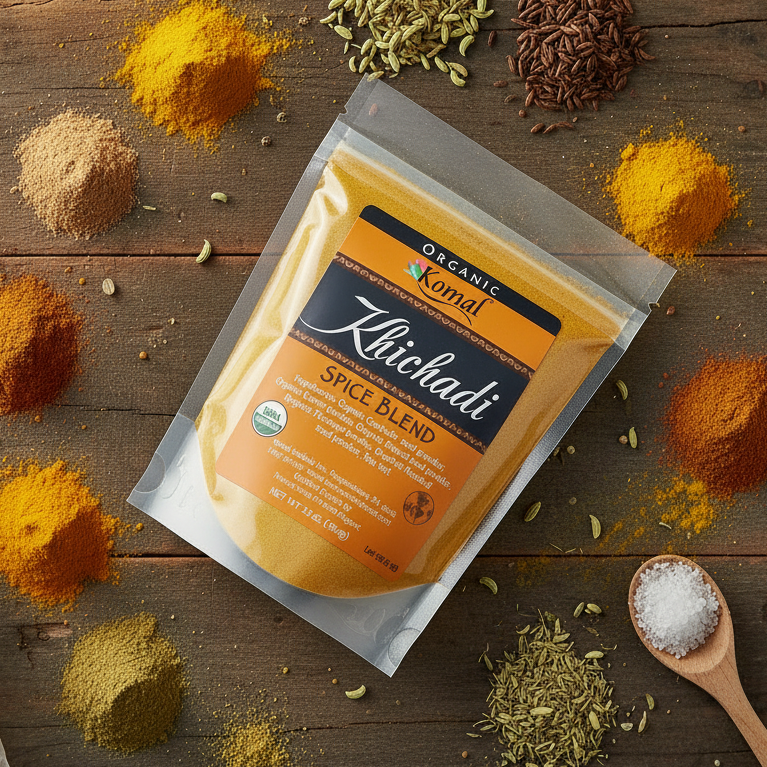 A pouch of Komari Khichadi Spice Blend lies on a rustic wooden surface, surrounded by scattered piles of colorful ground spices, dried herbs, and a wooden spoon holding coarse salt.