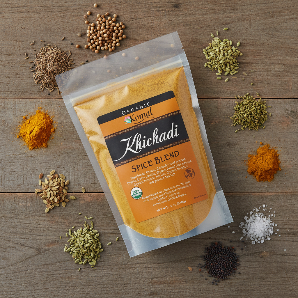 A stand-up pouch of Komal Organic Khichadi Spice Blend is arranged on a rustic wooden surface, surrounded by loose piles of whole spices and spice powders including turmeric, cumin, fennel, mustard, and salt.