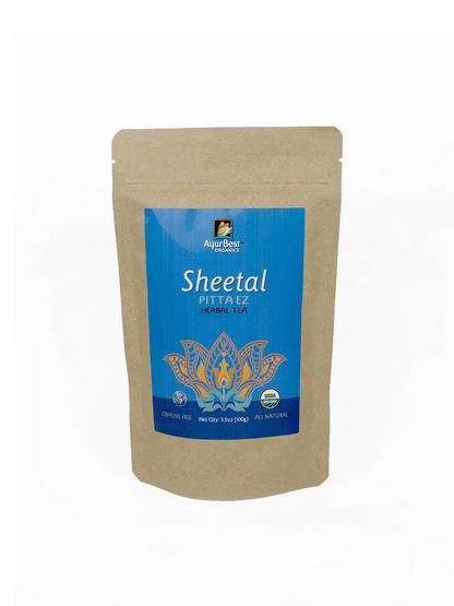 Organic Sheetal Pitta EZ Cooling Herbal Tea 3.5 oz  Front of the bag sky blue label