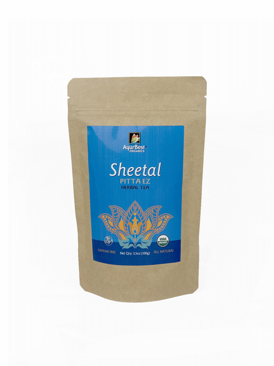 Organic Sheetal Pitta EZ Cooling Herbal Tea 3.5 oz  Front of the bag sky blue label