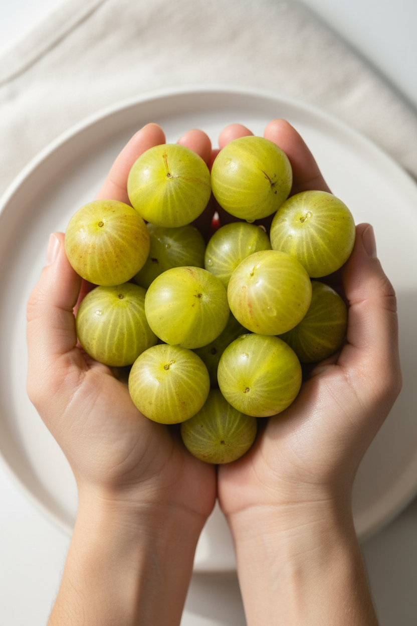 Hands holding a bunch of organic amalaki on a white plate