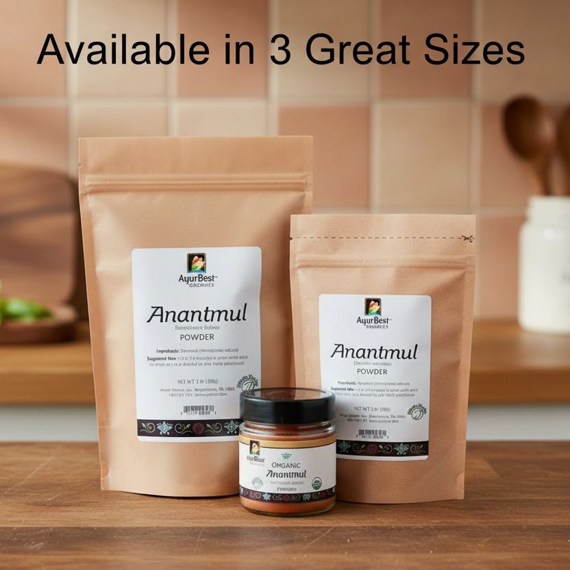 Two packages of Anantmul powder and a jar on a wooden surface with a kitchen background.
