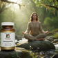 Organic Ashwagandha supplement on a rock with a person meditating in a forest setting