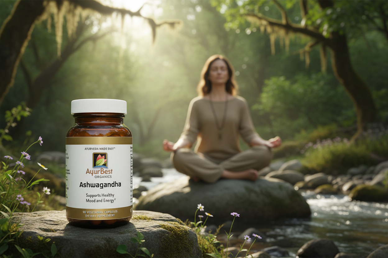 Organic Ashwagandha supplement on a rock with a person meditating in a forest setting