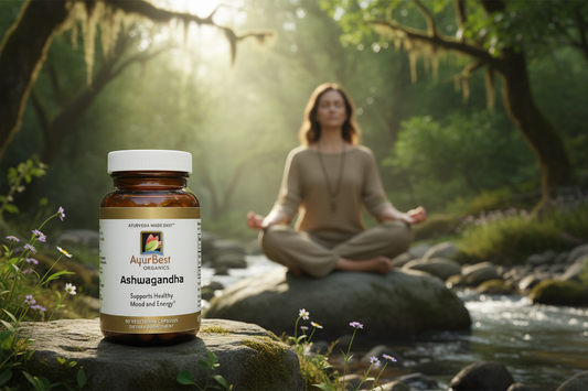 Organic Ashwagandha supplement on a rock with a person meditating in a forest setting