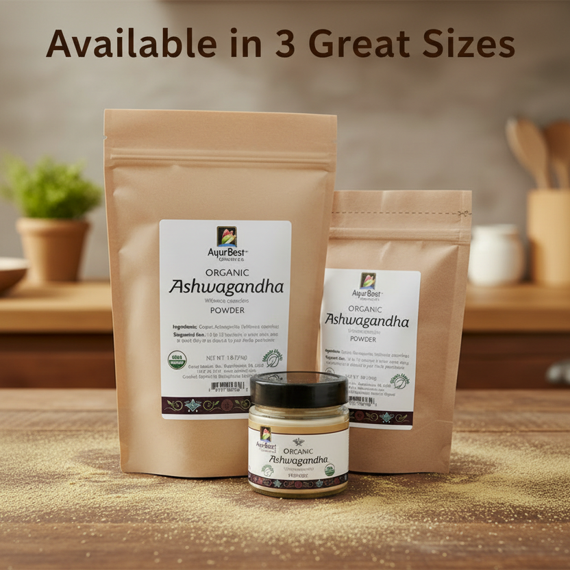 Three package options of Organic Ashwagandha Powder on a wooden surface.
