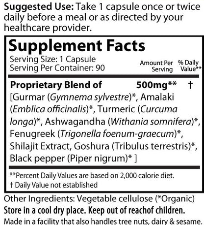Supplement Fact label of Blood Sugar EZ 500mg with Gurmar gymnema turmeric amalaki ashwagandha fenugreek shilajit gokshur tribulus black pepper
