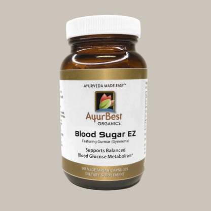 AyurBest Blood Sugar EZ with gymnema gurmar supports Balanced Blood Glucose Metabolism 90 capsules in Amber Glass bottle with white lids