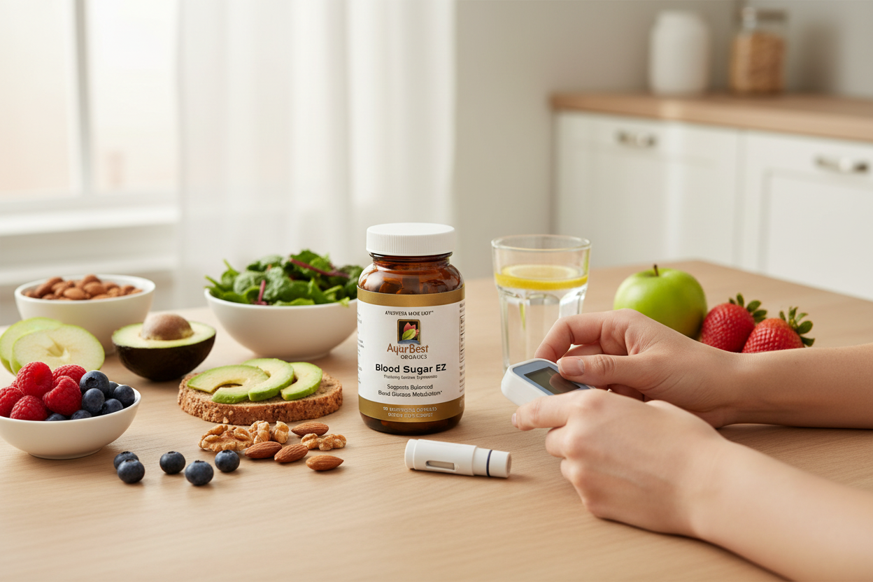 Person checking blood sugar with a bottle of Blood Sugar EZ supplement on a table showing healthy choices for better blood sugar.