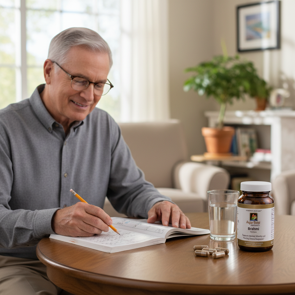 Man sitting at a table with a book, pen, glass of water, and bottle of Organic Brahmi supplements.