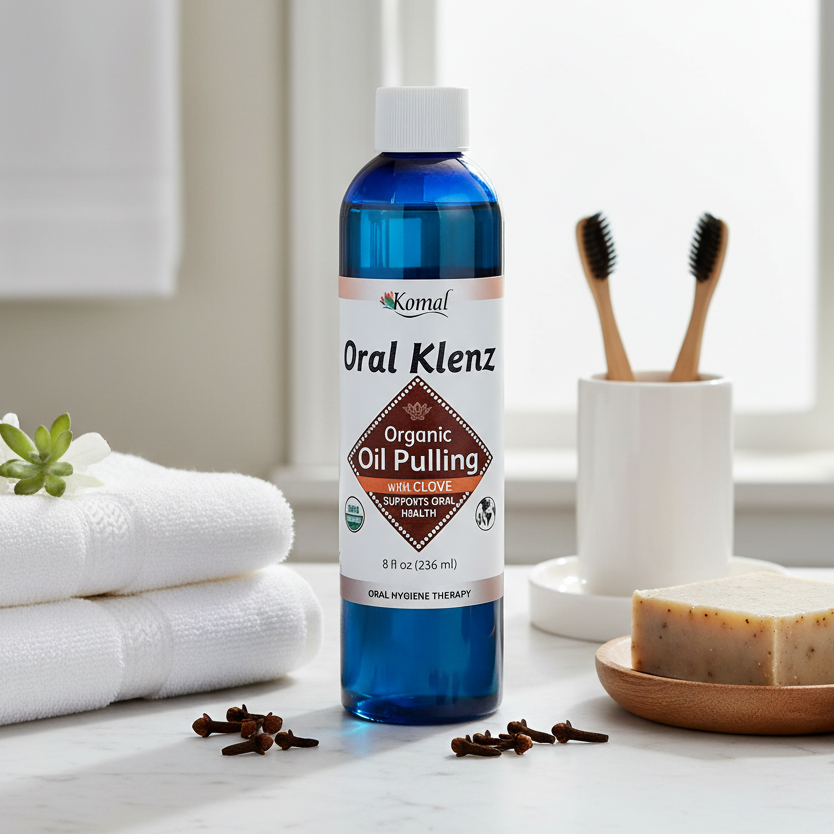 Bottle of Oral Klenz Organic Oil Pulling on a bathroom counter with towels and a plant in the background.