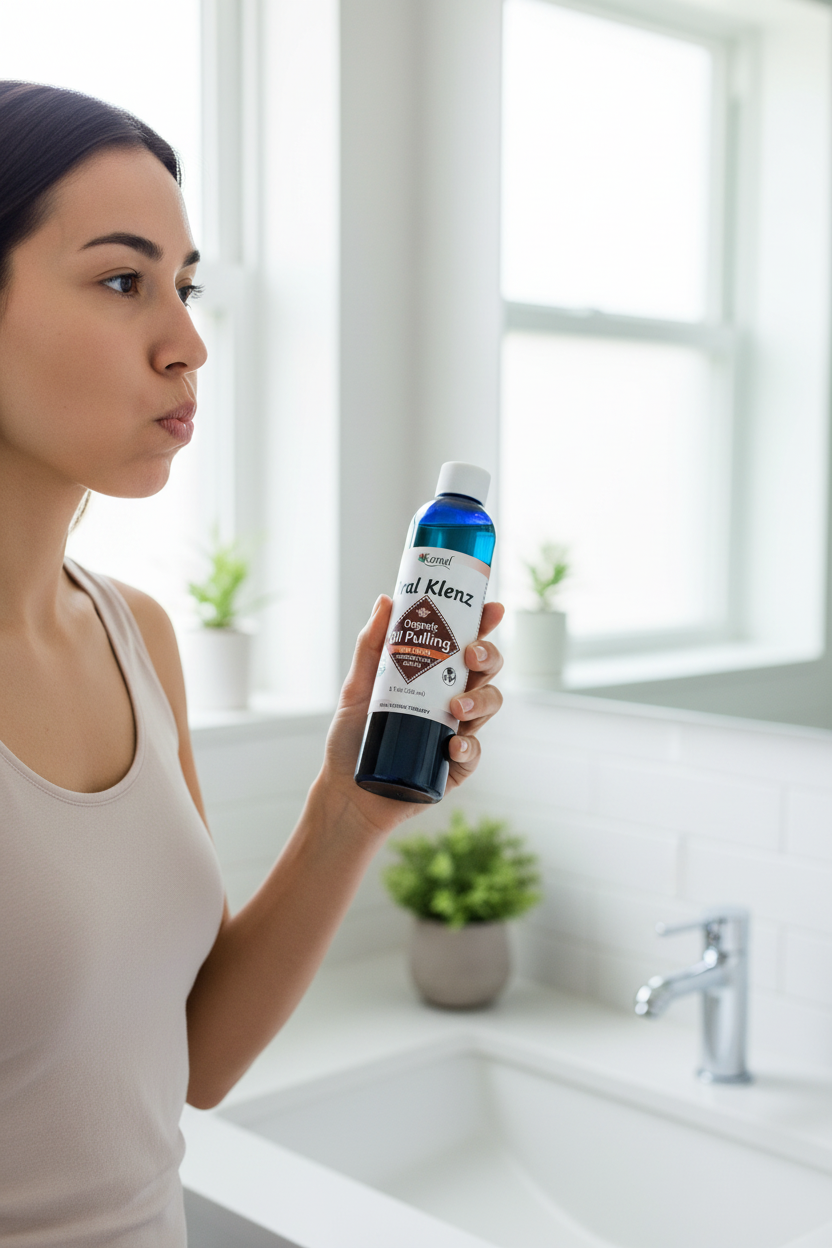 Woman holding a bottle of Oral Klenz Oil Pulling - with clove - swishing oil in mouth  in a bathroom setting