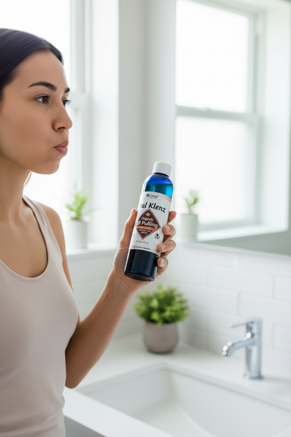 Woman holding a bottle of Oral Klenz Oil Pulling - with clove - swishing oil in mouth  in a bathroom setting