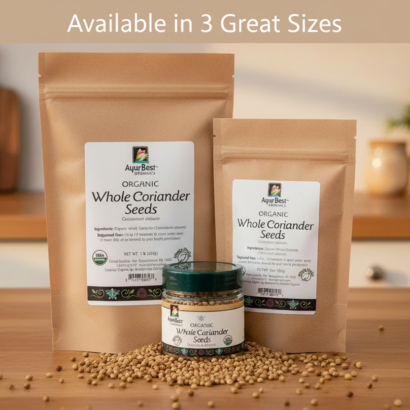 Two packages of AyurBest Organic Whole Coriander Seeds and a jar of seeds on a wooden surface.