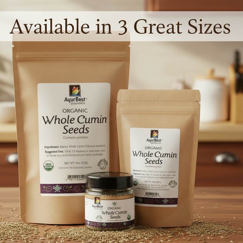 AyurBest Organic Whole Cumin Seeds packaging on a kitchen counter
