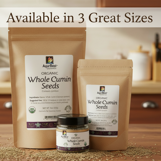 AyurBest Organic Whole Cumin Seeds packaging on a kitchen counter