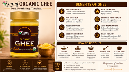 A promotional infographic for Komal Organic Ghee, featuring a large jar of ghee on the left, a small bowl of ghee and spoon on the bottom left, and multiple informational panels on the right detailing benefits and usage instructions.