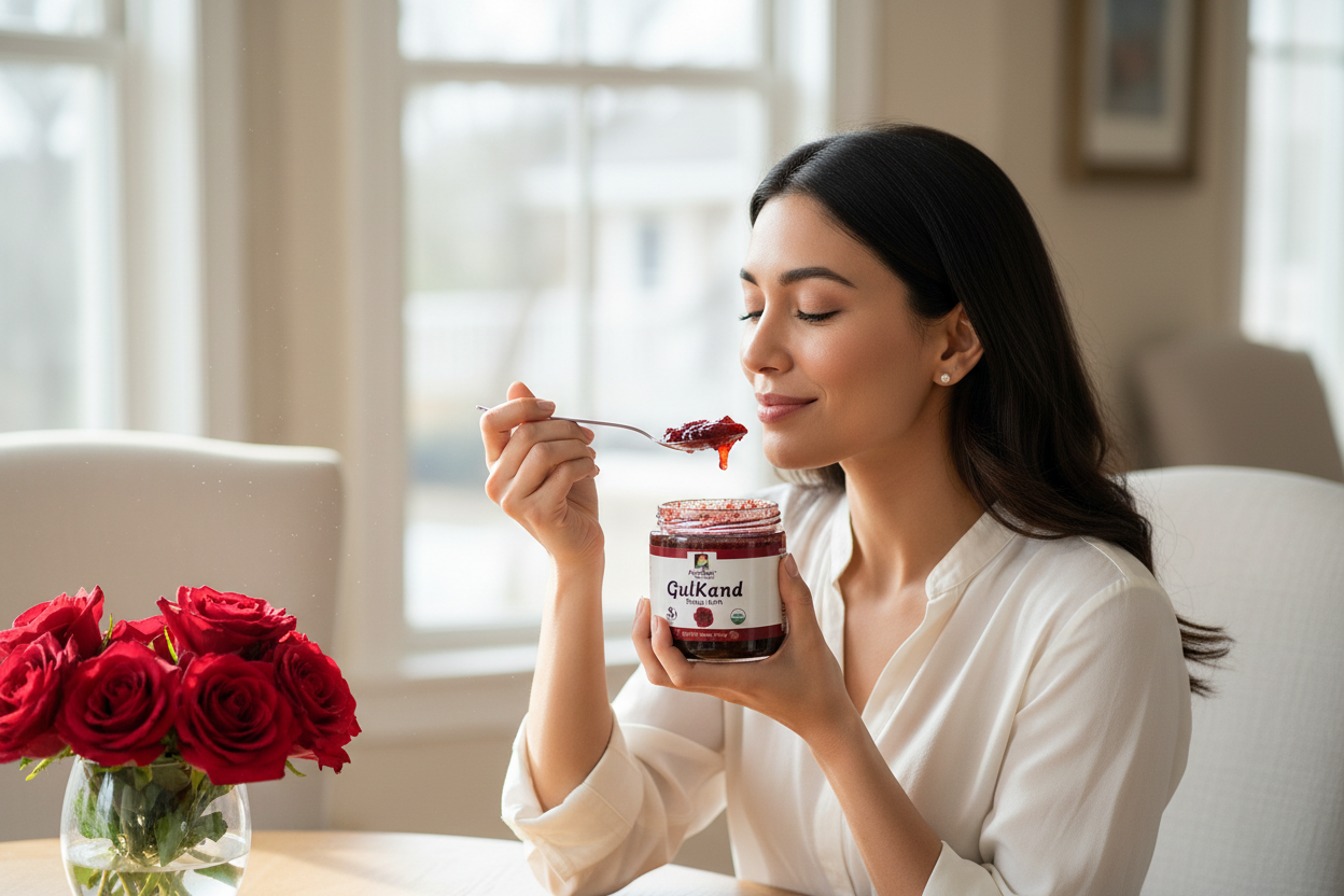 Woman eating Organic Gulkand with a spoon in a bright room with flowers on the table.