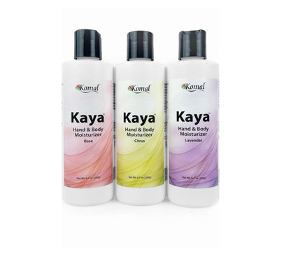 Three bottles of Organic Kaya Hand and body moisturizers