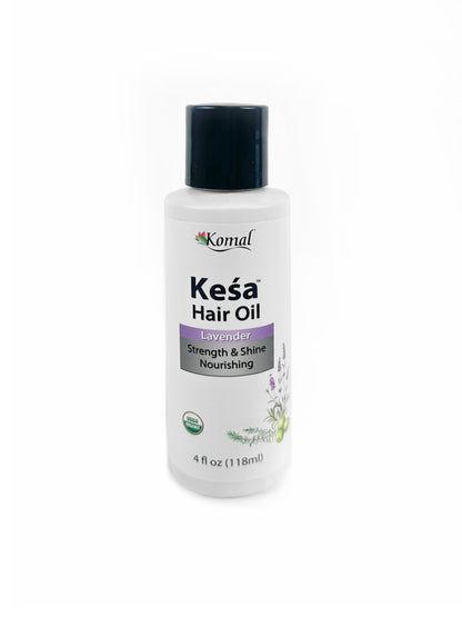 Bottle of Kesa Lavender Hair Oil with a black cap, primarily white label with green and purple accents, indicating it is an Ayurvedic hair oil with organic ingredients.