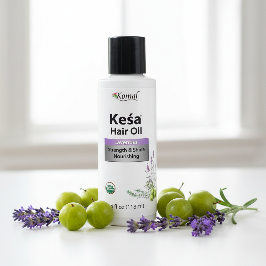 Kesá Hair Oil bottle with amla and lavender on a white background