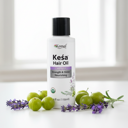 Kesá Hair Oil bottle with amla and lavender on a white background