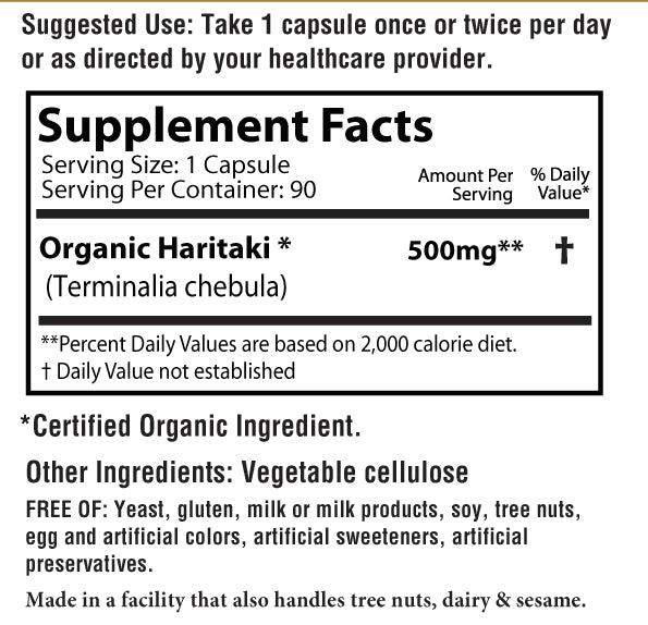 Haritaki capsules Teminalia chebula chebulic myrobalan 500 mg supplement facts vegetable capsules
