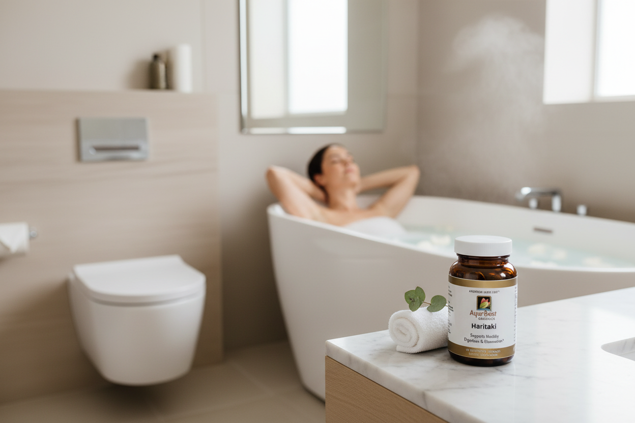 Woman relaxing in a bathtub with a bottle of Organic Haritaki Supplements enjoying feeling rejuvenated.