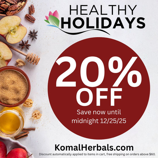 20% off for 'Healthy Holidays' sale with herbs and spices on a white background.