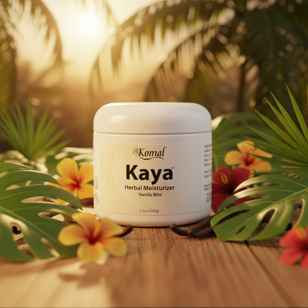 Kaya Herbal Moisturizer jar with vanilla beans on a wooden surface
