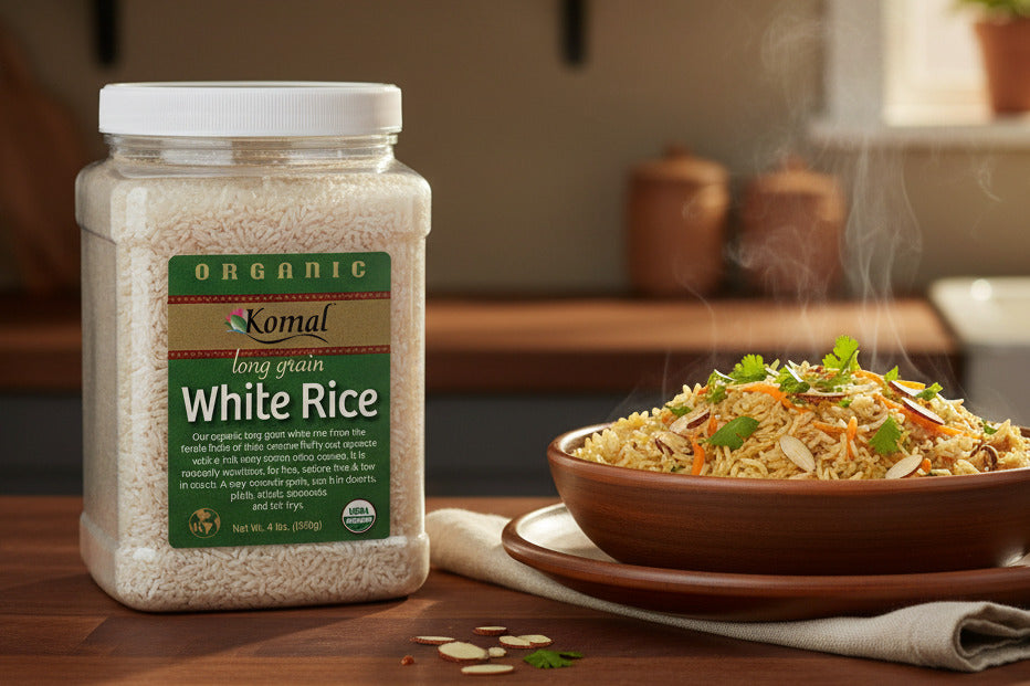 Enjoy the Pure Organic benefits of Komal Long Grain White Rice in bulk for your pantry!